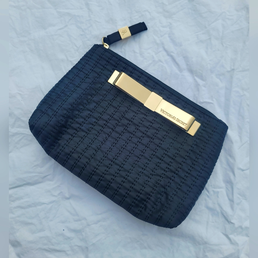Victoria's Secret Black Gold Bow Cosmetic Makeup bag / wristlet
